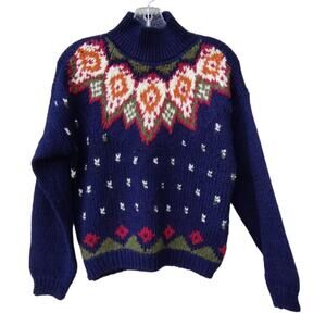 Jamie Scott Women's Knitted by Hand Ramie Wool Sweater Navy Blue Fair Isle S